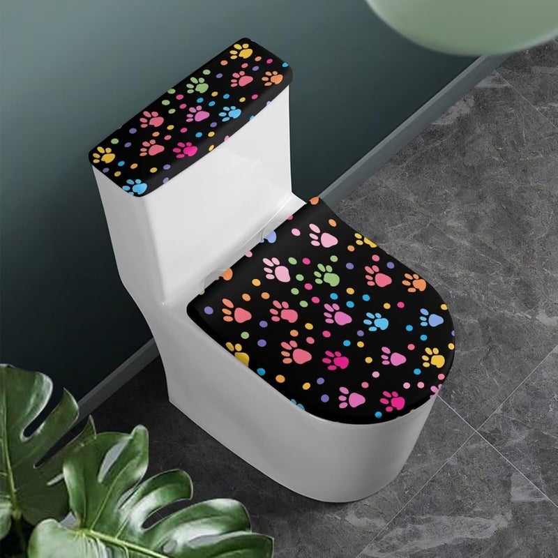 CREAMIC Colorful Dog Paw Prints Toilet Lid Tank Lid Dust Cover Toilet Seat Cover Soft Machine Washable Toilet Tank Cover Decorative Accessories 2 Piece Set Toilet Seat Cover - Image 2